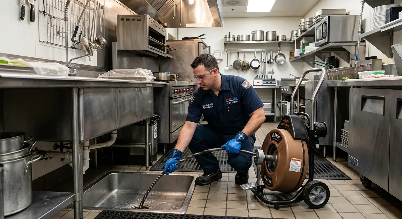 Commercial drain cleaning service in a restaurant kitchen in Channelview