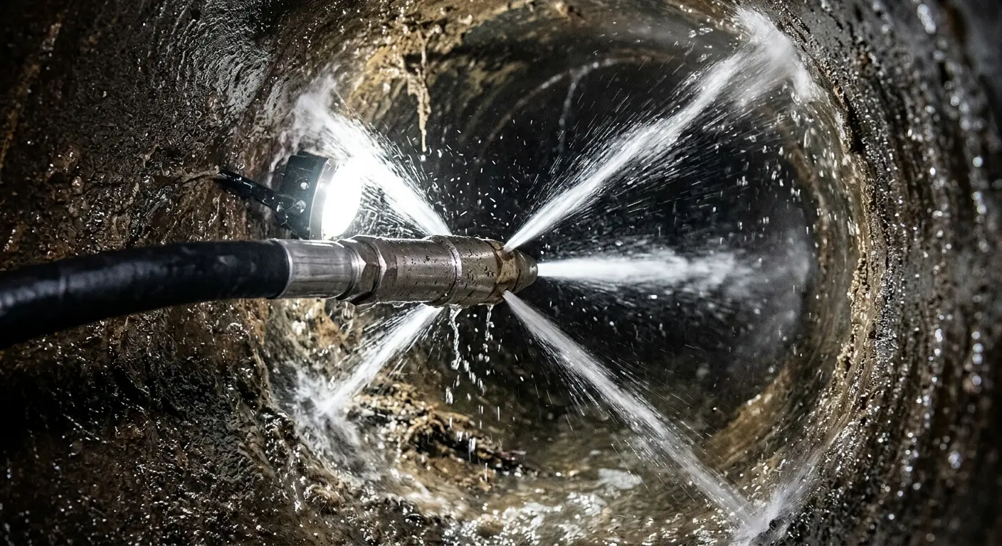 High-pressure hydro jetting nozzle cleaning sewer pipe for Sewer Cleanout in Channelview