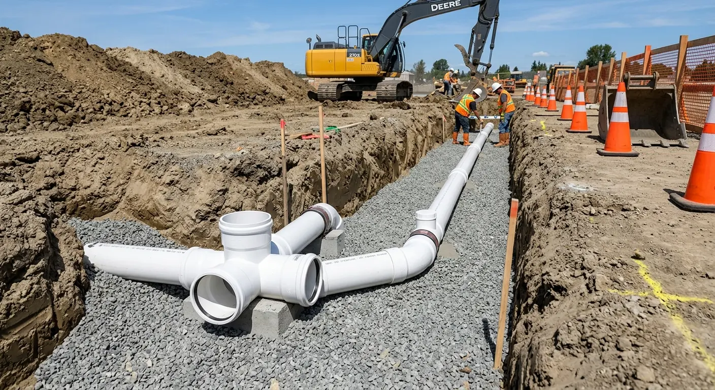 New PVC sewer pipe installation in open trench for Sewer Backup in Channelview