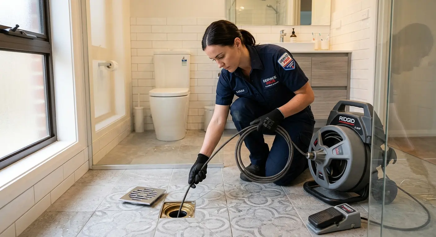 Technician clearing a bathroom floor drain for Hydro Jetting in Channelview